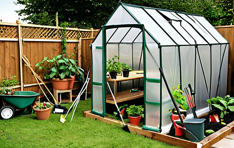 **Image Prompt:** A frustrated gardener struggling to assemble a pop-up greenhouse, surrounded by tangled poles and confusing instructions. The scene is set in a typical backyard garden with various plants and gardening tools scattered around. Focus on the humor and relatability of the assembly process.