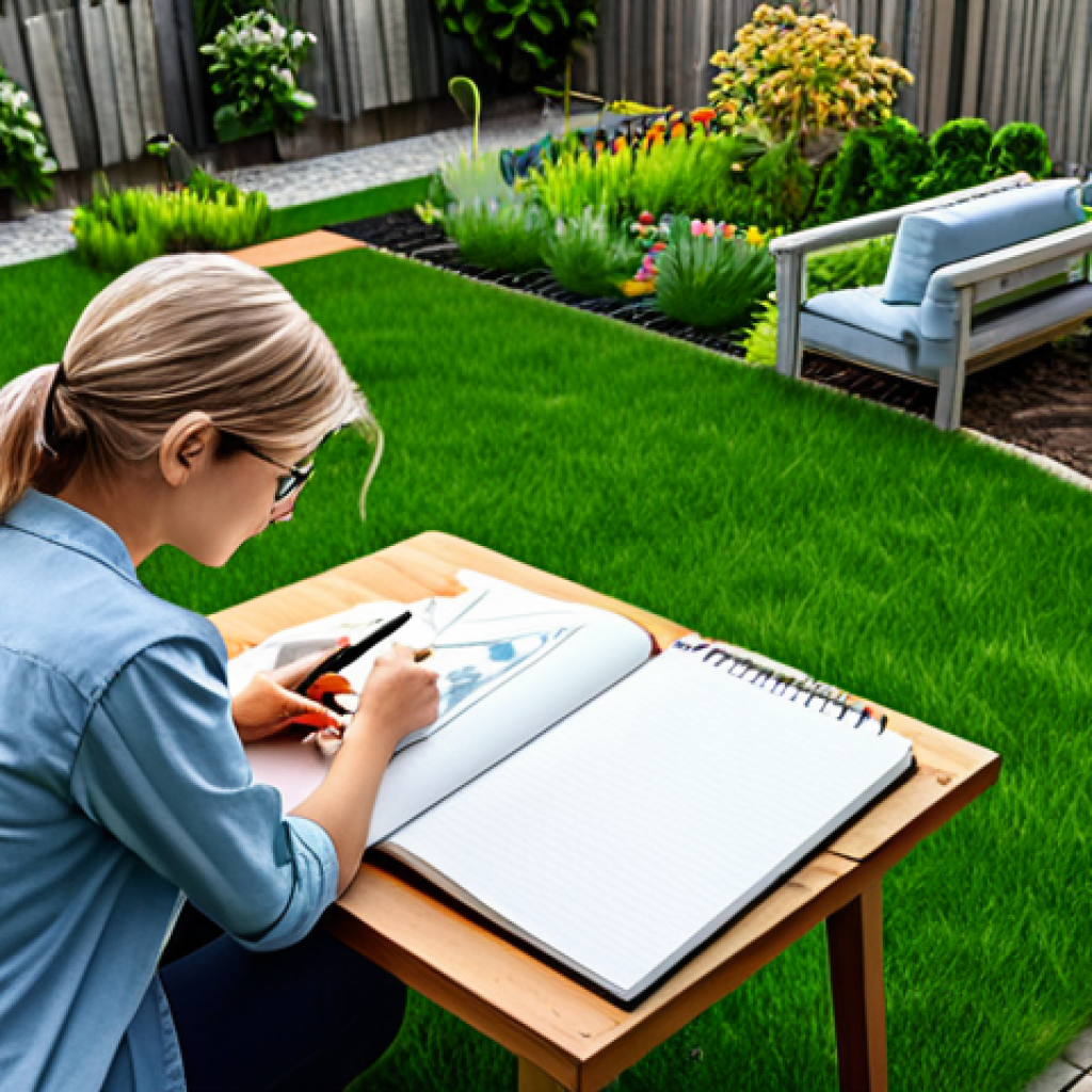 Garden Planning**

A person with a notebook, sketching a garden layout, surrounded by various plants in a backyard setting, fully clothed, appropriate attire, safe for work, perfect anatomy, natural proportions, family-friendly, professional illustration.

**