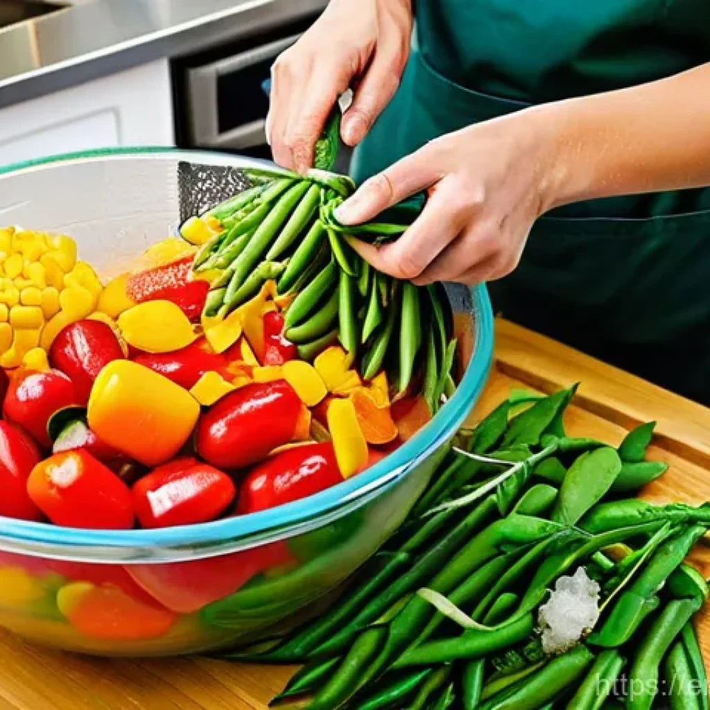 텃밭 수확물 보관 및 저장법 - **A Busy Kitchen for Freezing Fresh Produce**
A vibrant, sunlit home kitchen with a person, wear...