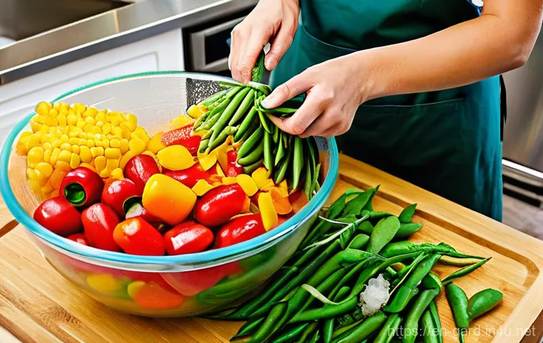 텃밭 수확물 보관 및 저장법 - **A Busy Kitchen for Freezing Fresh Produce**
A vibrant, sunlit home kitchen with a person, wear...