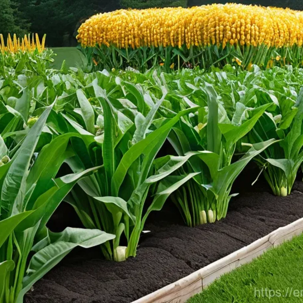 텃밭 작물 간작 혼작  조합 추천 - **Prompt:** A vibrant, photorealistic depiction of the "Three Sisters" companion planting method flo...