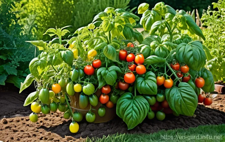 텃밭 작물 간작 혼작  조합 추천 - **Prompt:** A detailed, close-up shot of a diverse garden bed teeming with beneficial insects and vi...