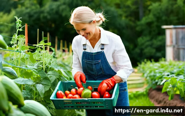 텃밭 농업과 로컬푸드 운동 - **Prompt 1: The Joy of a Homegrown Harvest**
A clear, bright photograph capturing an adult woman...