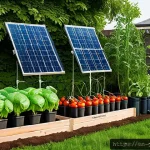 Home 20 텃밭 물주기 자동화 DIY - A detailed, vibrant vegetable garden setup featuring a solar-powered submersible pump connected to a...