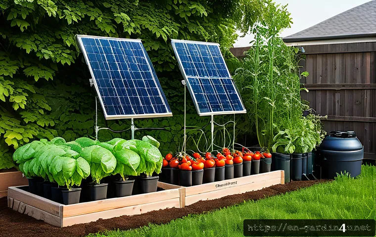 텃밭 물주기 자동화 DIY - A detailed, vibrant vegetable garden setup featuring a solar-powered submersible pump connected to a...