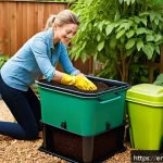 Home 19 텃밭 친환경 퇴비 만들기 - A medium-sized garden compost tumbler in a cozy backyard setting, surrounded by lush green plants an...