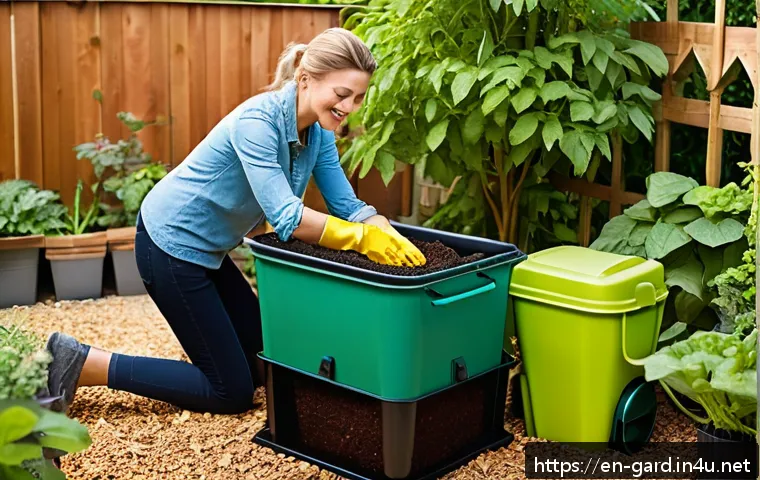 텃밭 친환경 퇴비 만들기 - A medium-sized garden compost tumbler in a cozy backyard setting, surrounded by lush green plants an...