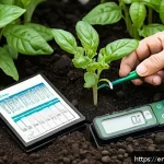 Home 18 텃밭 토양 분석 키트 추천 - A detailed close-up of a home gardener’s hands using a soil test kit outdoors in a lush vegetable ga...