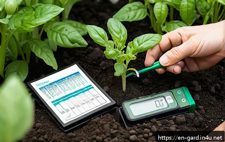 텃밭 토양 분석 키트 추천 - A detailed close-up of a home gardener’s hands using a soil test kit outdoors in a lush vegetable ga...