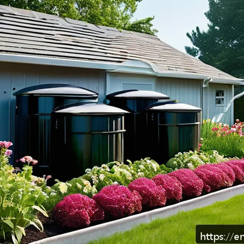 텃밭 농업용 빗물 저장 및 활용법 - A detailed garden scene showcasing an efficient rainwater collection system featuring a large metal ...