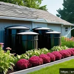 Home 23 텃밭 농업용 빗물 저장 및 활용법 - A detailed garden scene showcasing an efficient rainwater collection system featuring a large metal ...