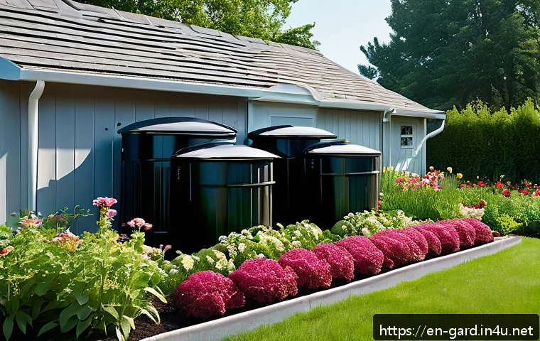 텃밭 농업용 빗물 저장 및 활용법 - A detailed garden scene showcasing an efficient rainwater collection system featuring a large metal ...