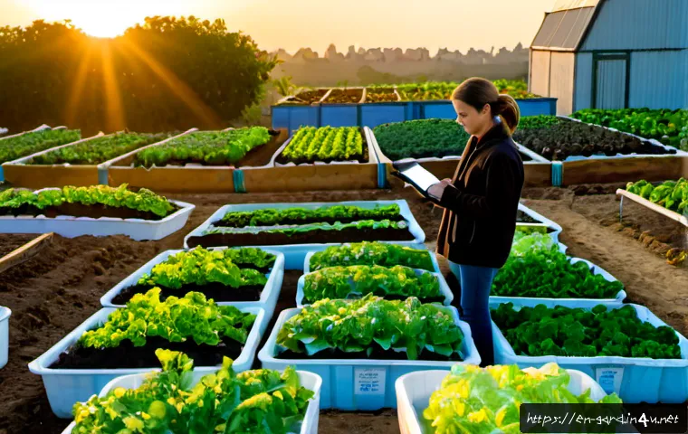 텃밭 소규모 농업 창업 지원 정책 - Photorealistic small-scale urban vegetable farm at sunrise, diverse young entrepreneur inspecting ne...