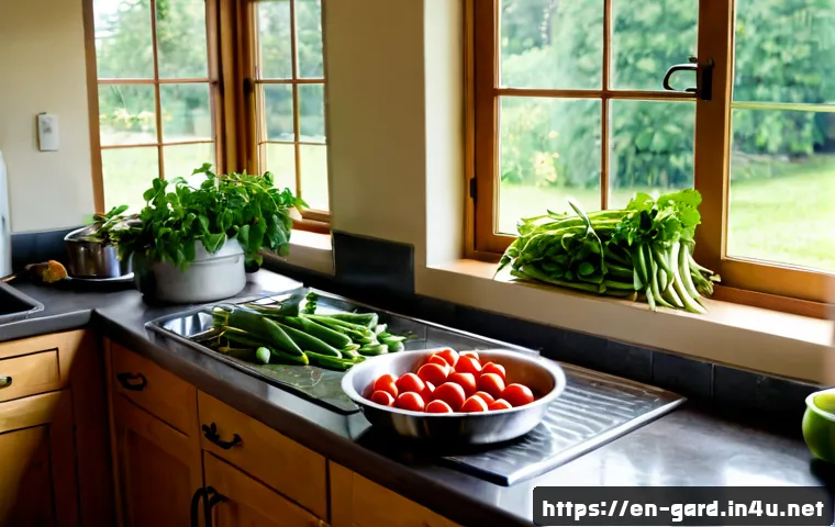 텃밭 수확물 가공 및 저장법 - Photorealistic home garden harvest preservation scene, a middle-aged gardener in a bright farmhouse ...