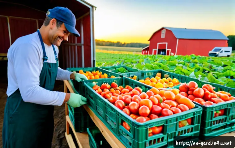 텃밭 농산물 배송 및 유통 시스템 - Photorealistic small-scale farm distribution scene in rural America, freshly harvested tomatoes, let...